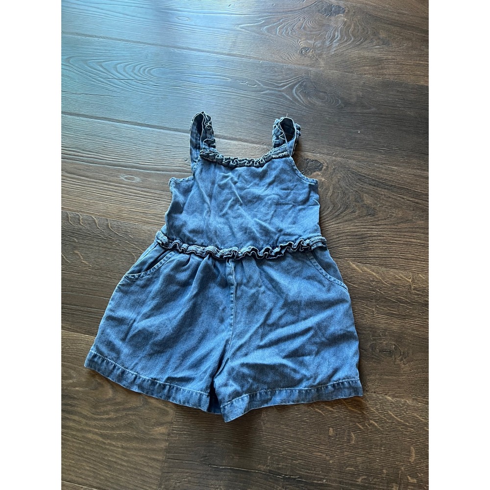 Habitual Girl Blue Denim Ruffle Romper Size 4T Snap Back Sleeveless Jumpsuit